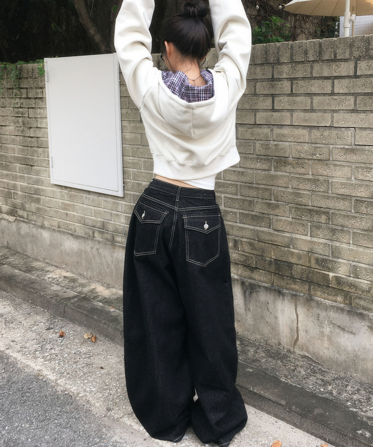 【SHORT/LONG 丈別】ワイドデニムパンツ BLACK DENIM