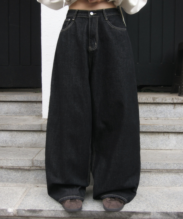 【SHORT/LONG 丈別】ワイドデニムパンツ BLACK DENIM