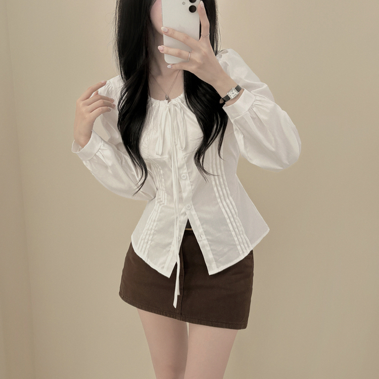 뒷리본 셔링 핀턱 허리끈 퍼프 긴팔 블라우스