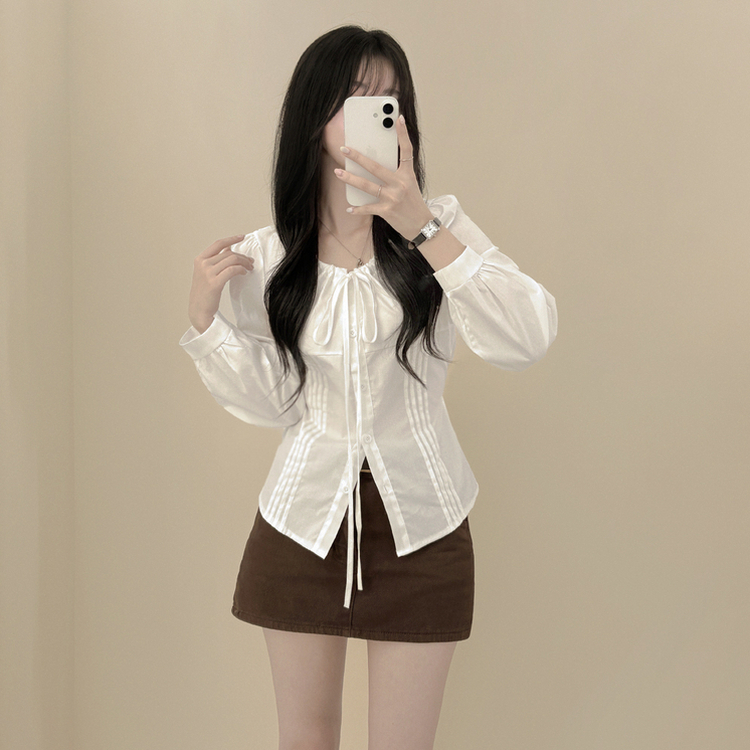 뒷리본 셔링 핀턱 허리끈 퍼프 긴팔 블라우스