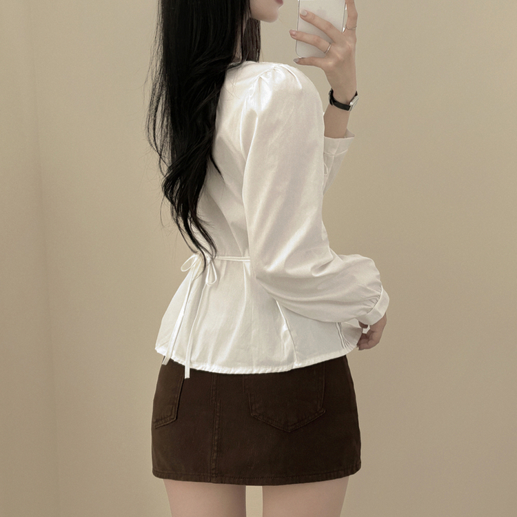 뒷리본 셔링 핀턱 허리끈 퍼프 긴팔 블라우스