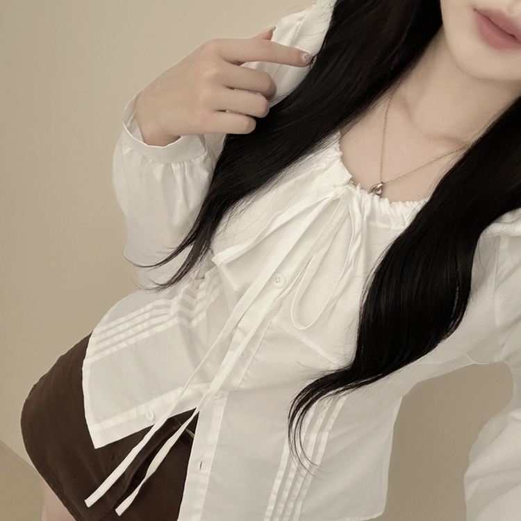 뒷리본 셔링 핀턱 허리끈 퍼프 긴팔 블라우스