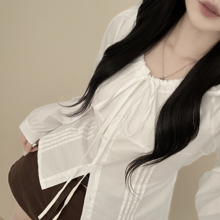 뒷리본 셔링 핀턱 허리끈 퍼프 긴팔 블라우스