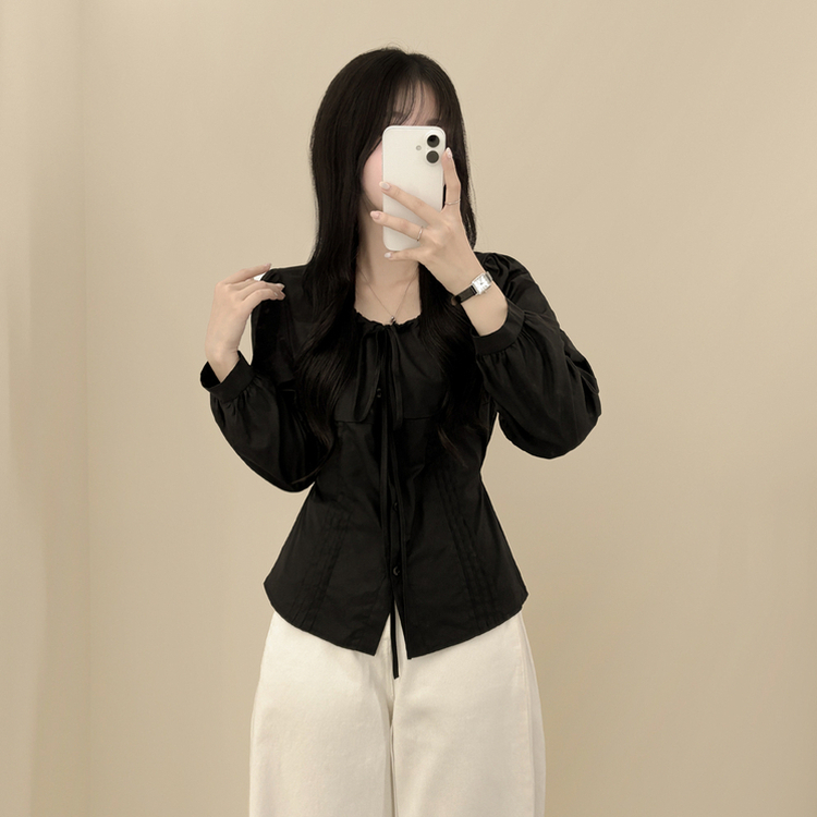뒷리본 셔링 핀턱 허리끈 퍼프 긴팔 블라우스