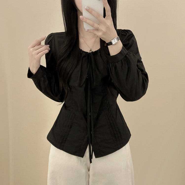 뒷리본 셔링 핀턱 허리끈 퍼프 긴팔 블라우스