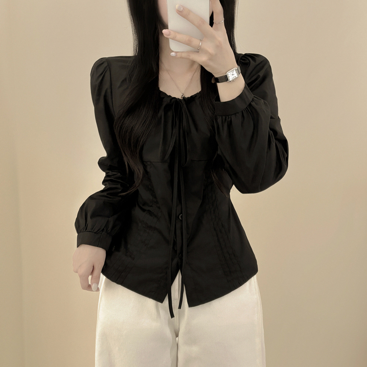 뒷리본 셔링 핀턱 허리끈 퍼프 긴팔 블라우스