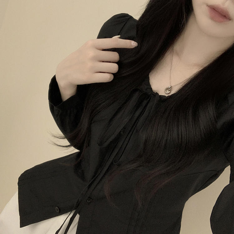 뒷리본 셔링 핀턱 허리끈 퍼프 긴팔 블라우스