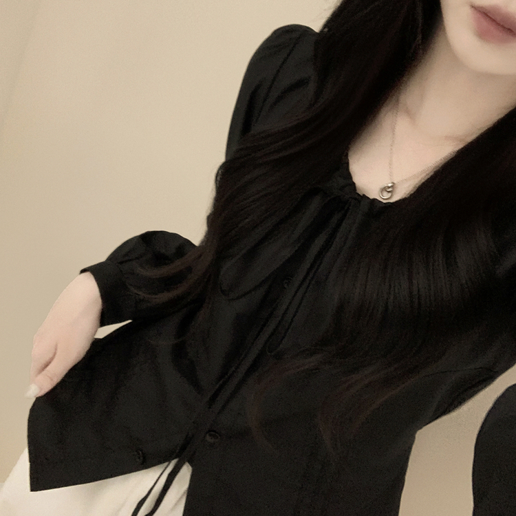 뒷리본 셔링 핀턱 허리끈 퍼프 긴팔 블라우스