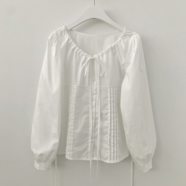 뒷리본 셔링 핀턱 허리끈 퍼프 긴팔 블라우스