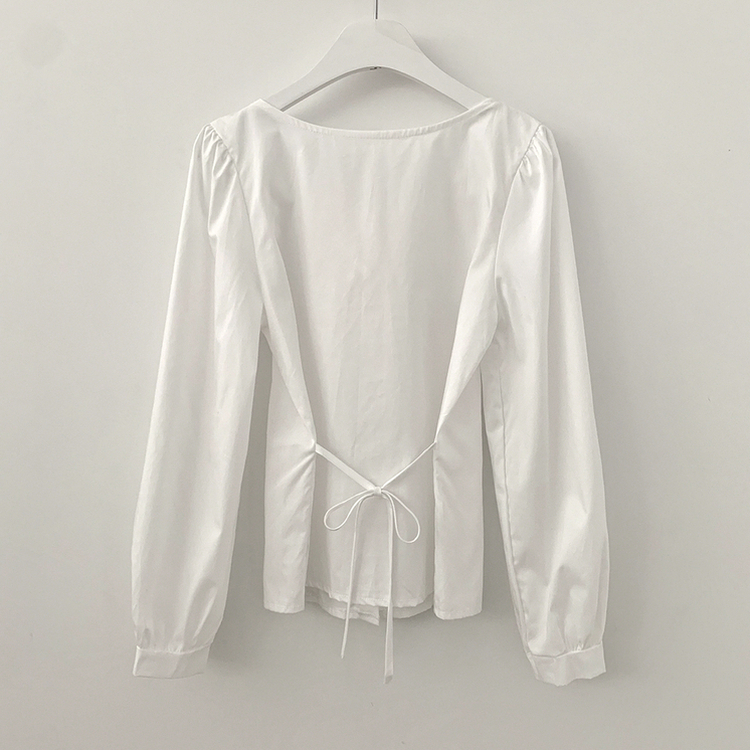 뒷리본 셔링 핀턱 허리끈 퍼프 긴팔 블라우스