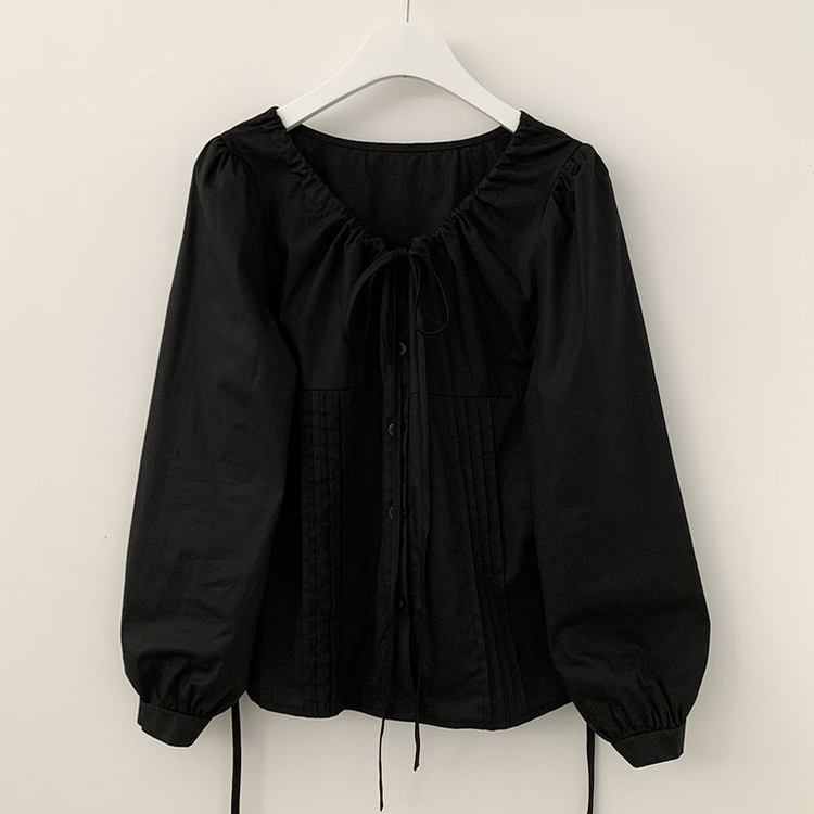 뒷리본 셔링 핀턱 허리끈 퍼프 긴팔 블라우스