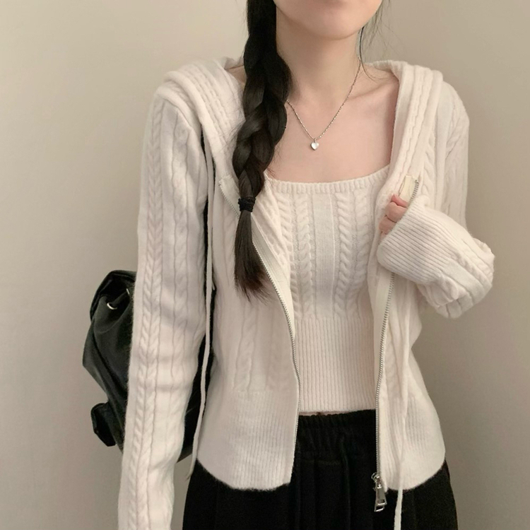 밀크 니트 후드 집업 투웨이 지퍼 긴팔 후드 집업 가디건 나시 세트 아이보리