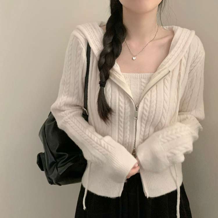 밀크 니트 후드 집업 투웨이 지퍼 긴팔 후드 집업 가디건 나시 세트 아이보리