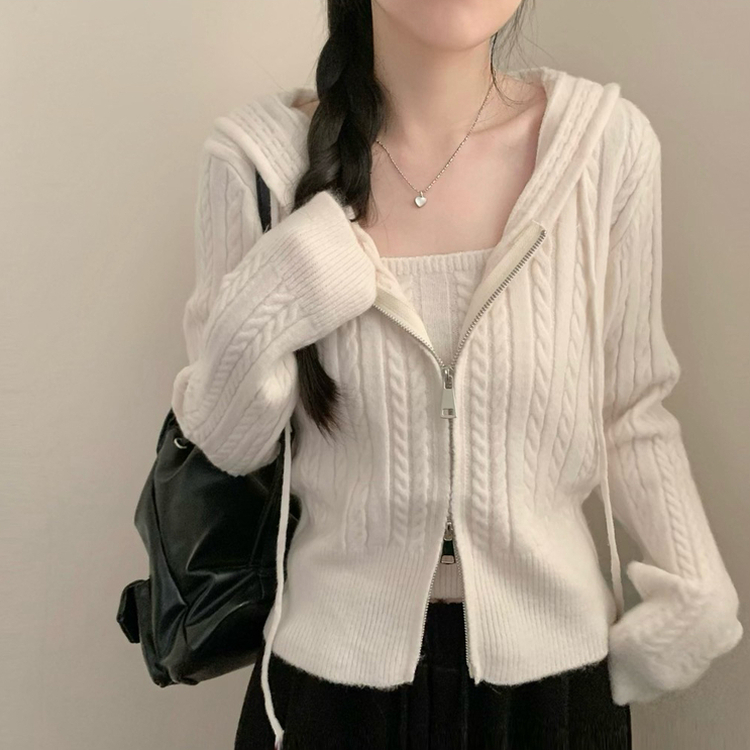 밀크 니트 후드 집업 투웨이 지퍼 긴팔 후드 집업 가디건 나시 세트 아이보리