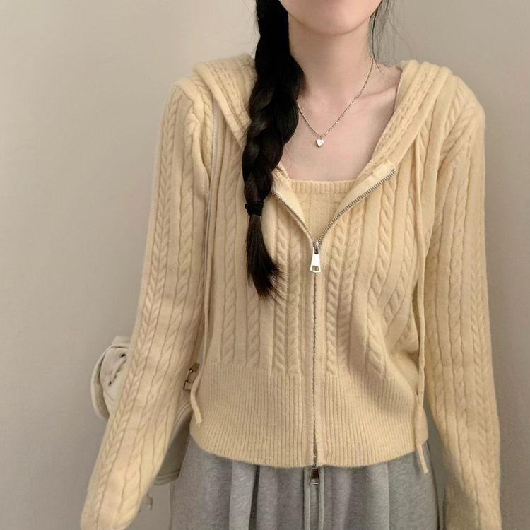 밀크 니트 후드 집업 투웨이 지퍼 긴팔 후드 집업 가디건 나시 세트 옐로우