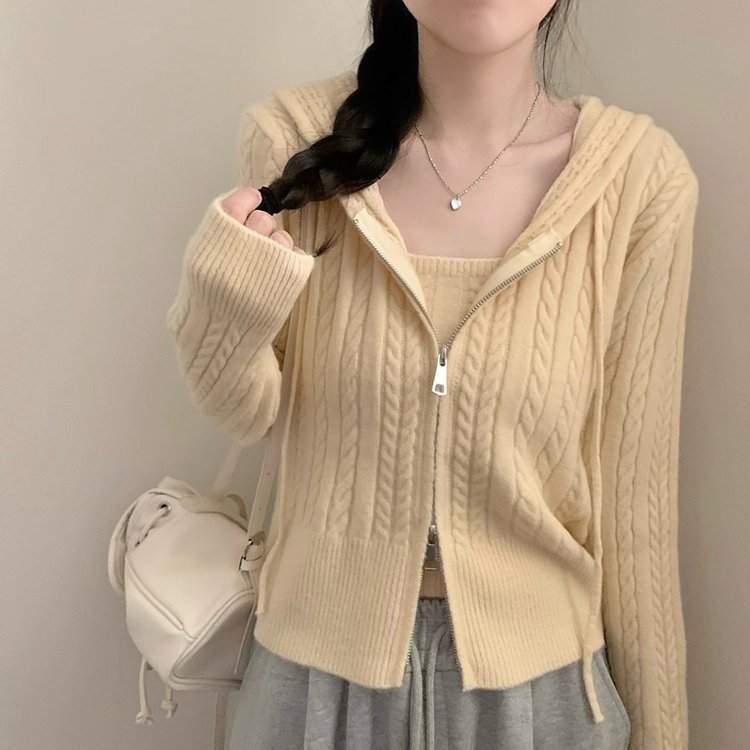 밀크 니트 후드 집업 투웨이 지퍼 긴팔 후드 집업 가디건 나시 세트 옐로우