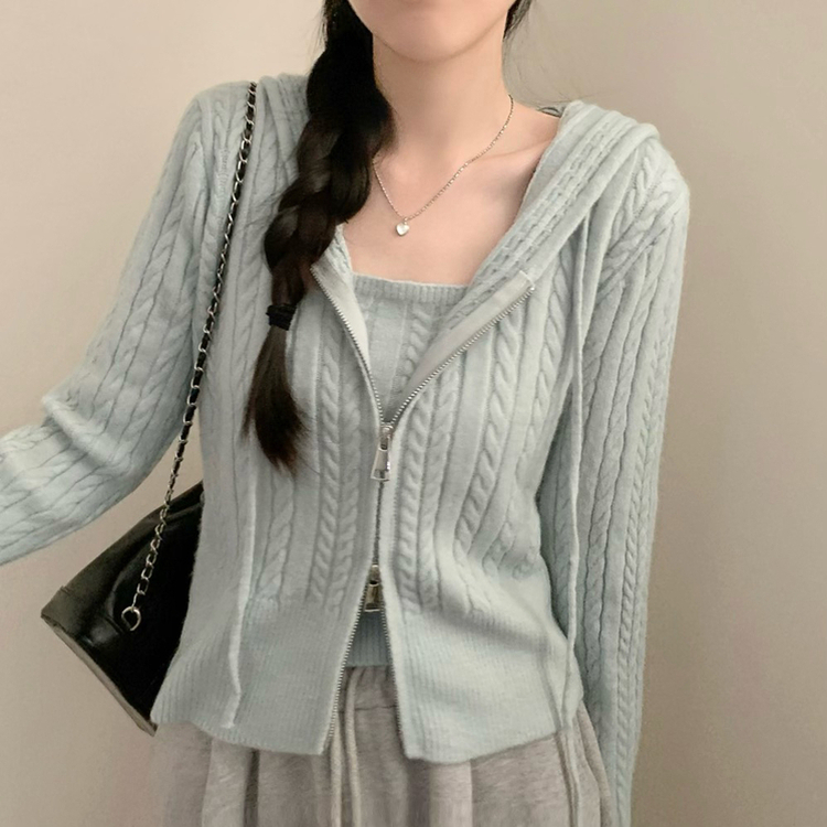 밀크 니트 후드 집업 투웨이 지퍼 긴팔 후드 집업 가디건 나시 세트 소라