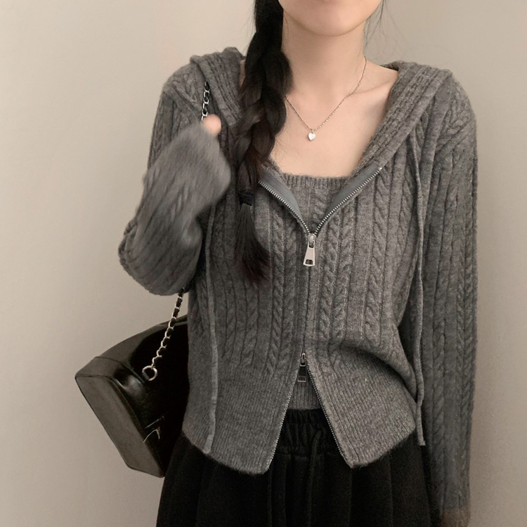 밀크 니트 후드 집업 투웨이 지퍼 긴팔 후드 집업 가디건 나시 세트 그레이