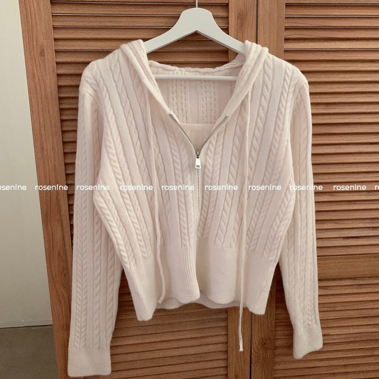 밀크 니트 후드 집업 투웨이 지퍼 긴팔 후드 집업 가디건 나시 세트