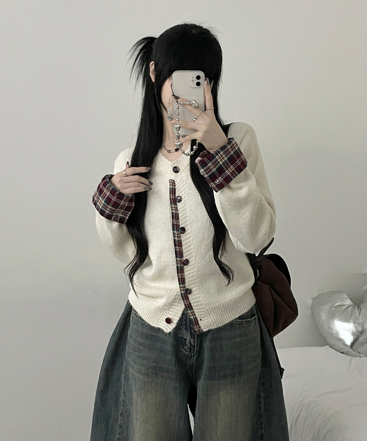 チェックシャツレイヤードカーディガン｜カーディガン｜韓国