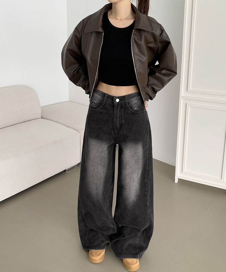 【丈別】スリットワイドフィットデニムパンツ(5color) BLACK DENIM