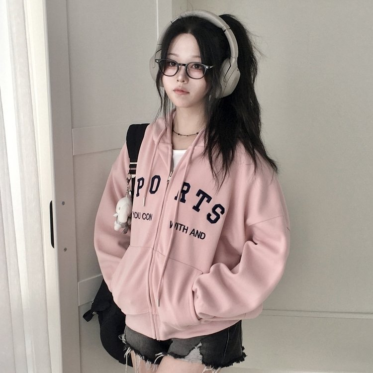 지켜주고싶은 오버핏 데일리 레터링 고퀄 자수 아방핏 박시 후드집업 핑크