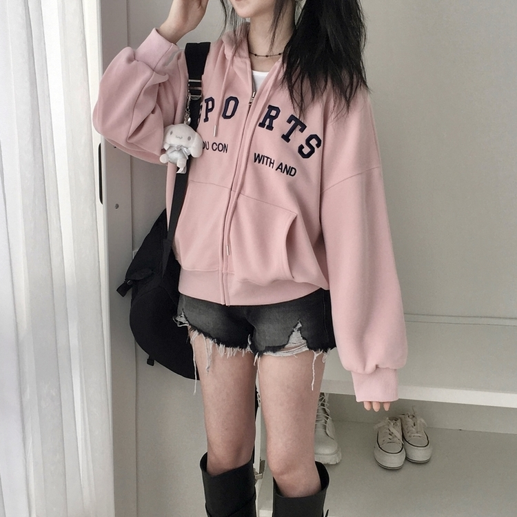 지켜주고싶은 오버핏 데일리 레터링 고퀄 자수 아방핏 박시 후드집업 핑크