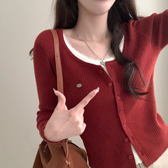 브아 배색 레이스 레이어드 팬던트 골지 니트 가디건 레드