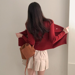 브아 배색 레이스 레이어드 팬던트 골지 니트 가디건 레드