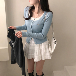 브아 배색 레이스 레이어드 팬던트 골지 니트 가디건 소라