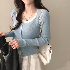 브아 배색 레이스 레이어드 팬던트 골지 니트 가디건 소라