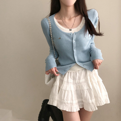 브아 배색 레이스 레이어드 팬던트 골지 니트 가디건 소라