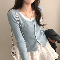 브아 배색 레이스 레이어드 팬던트 골지 니트 가디건 소라