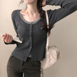 브아 배색 레이스 레이어드 팬던트 골지 니트 가디건 차콜