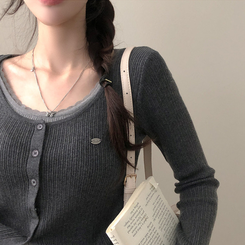 브아 배색 레이스 레이어드 팬던트 골지 니트 가디건 차콜