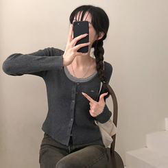 브아 배색 레이스 레이어드 팬던트 골지 니트 가디건 차콜