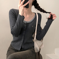 브아 배색 레이스 레이어드 팬던트 골지 니트 가디건 차콜