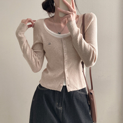 브아 배색 레이스 레이어드 팬던트 골지 니트 가디건 베이지