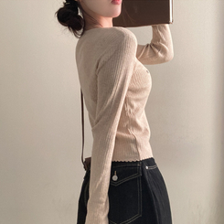 브아 배색 레이스 레이어드 팬던트 골지 니트 가디건 베이지