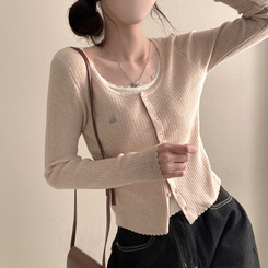 브아 배색 레이스 레이어드 팬던트 골지 니트 가디건 베이지