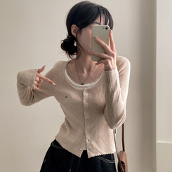 브아 배색 레이스 레이어드 팬던트 골지 니트 가디건 베이지