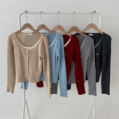 브아 배색 레이스 레이어드 팬던트 골지 니트 가디건