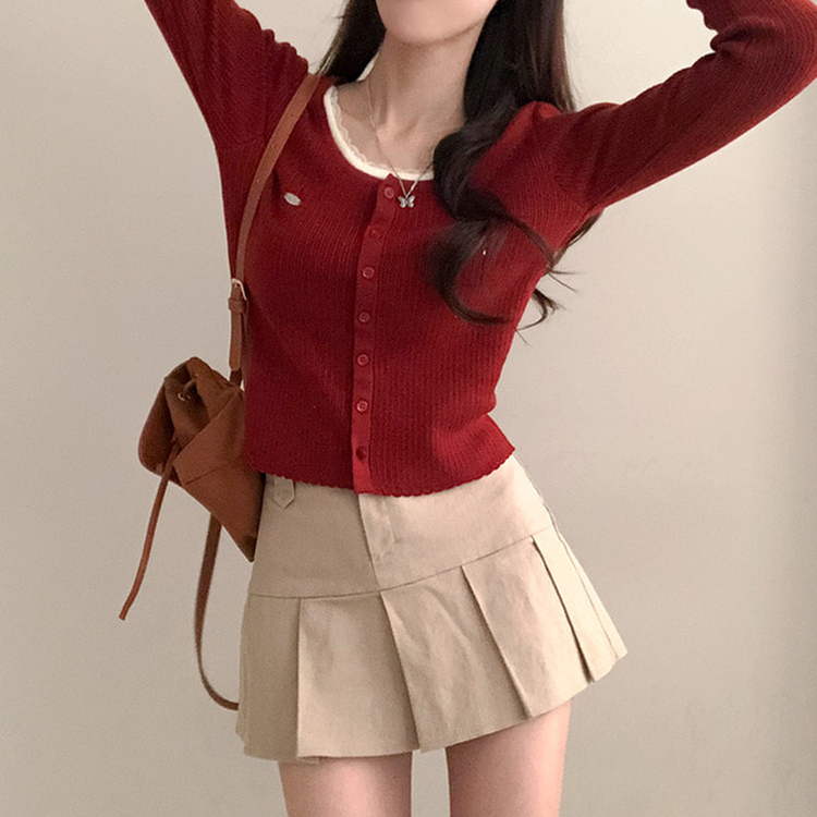 브아 배색 레이스 레이어드 팬던트 골지 니트 가디건 레드