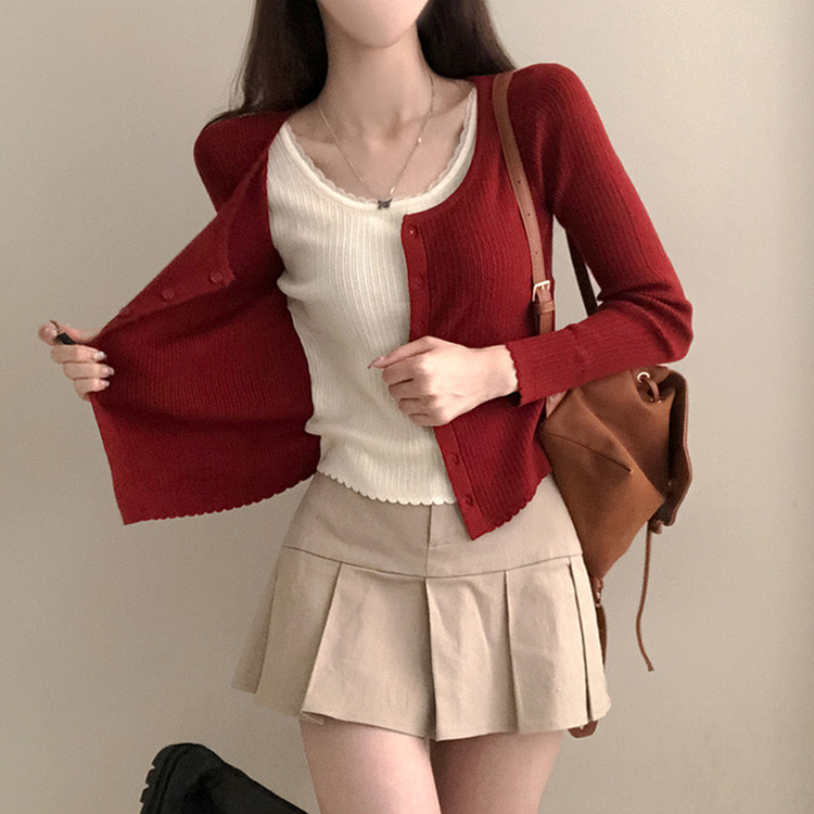 브아 배색 레이스 레이어드 팬던트 골지 니트 가디건 레드