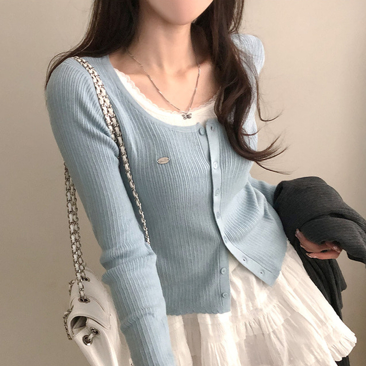 브아 배색 레이스 레이어드 팬던트 골지 니트 가디건 소라