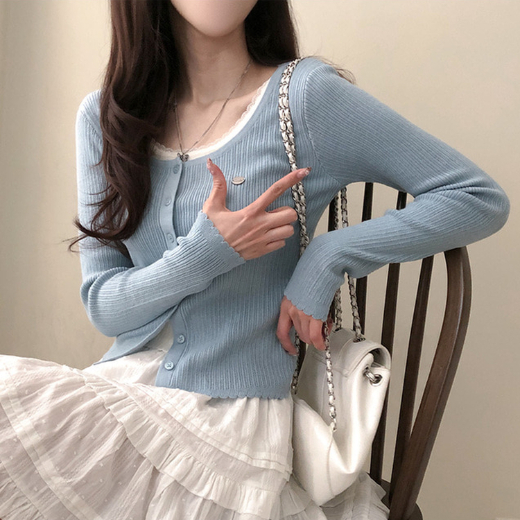 브아 배색 레이스 레이어드 팬던트 골지 니트 가디건 소라