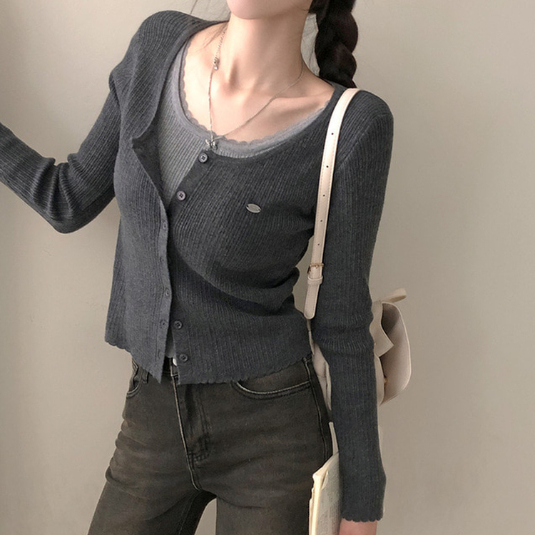 브아 배색 레이스 레이어드 팬던트 골지 니트 가디건 차콜