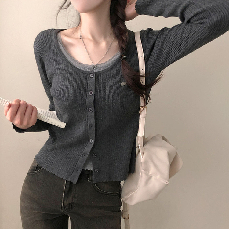 브아 배색 레이스 레이어드 팬던트 골지 니트 가디건 차콜