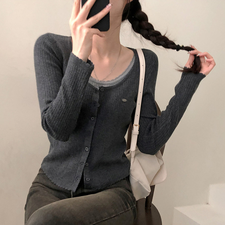 브아 배색 레이스 레이어드 팬던트 골지 니트 가디건 차콜