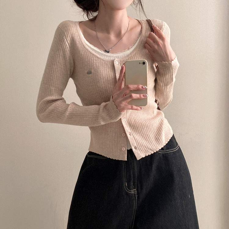 브아 배색 레이스 레이어드 팬던트 골지 니트 가디건 베이지